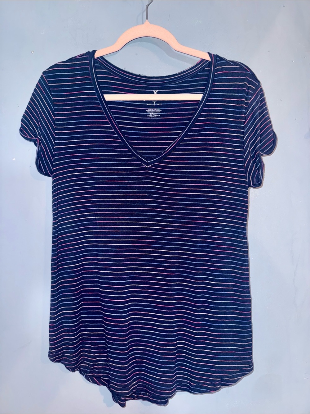 American Eagle Soft & Sexy Navy Striped V-Neck Tee